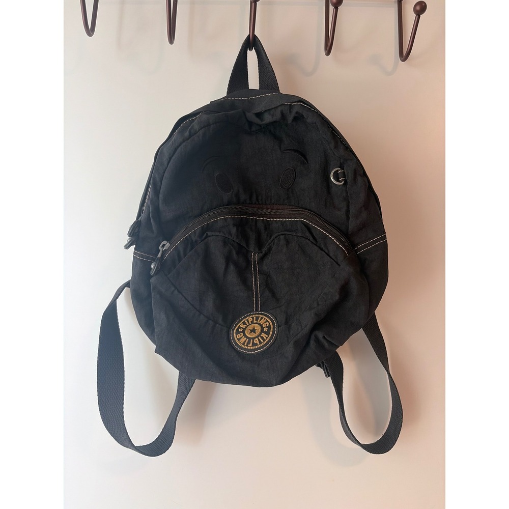 Kipling navy Crinkle Nylon Mini Backpack Embroidered Face Contrast Stitch 11x11